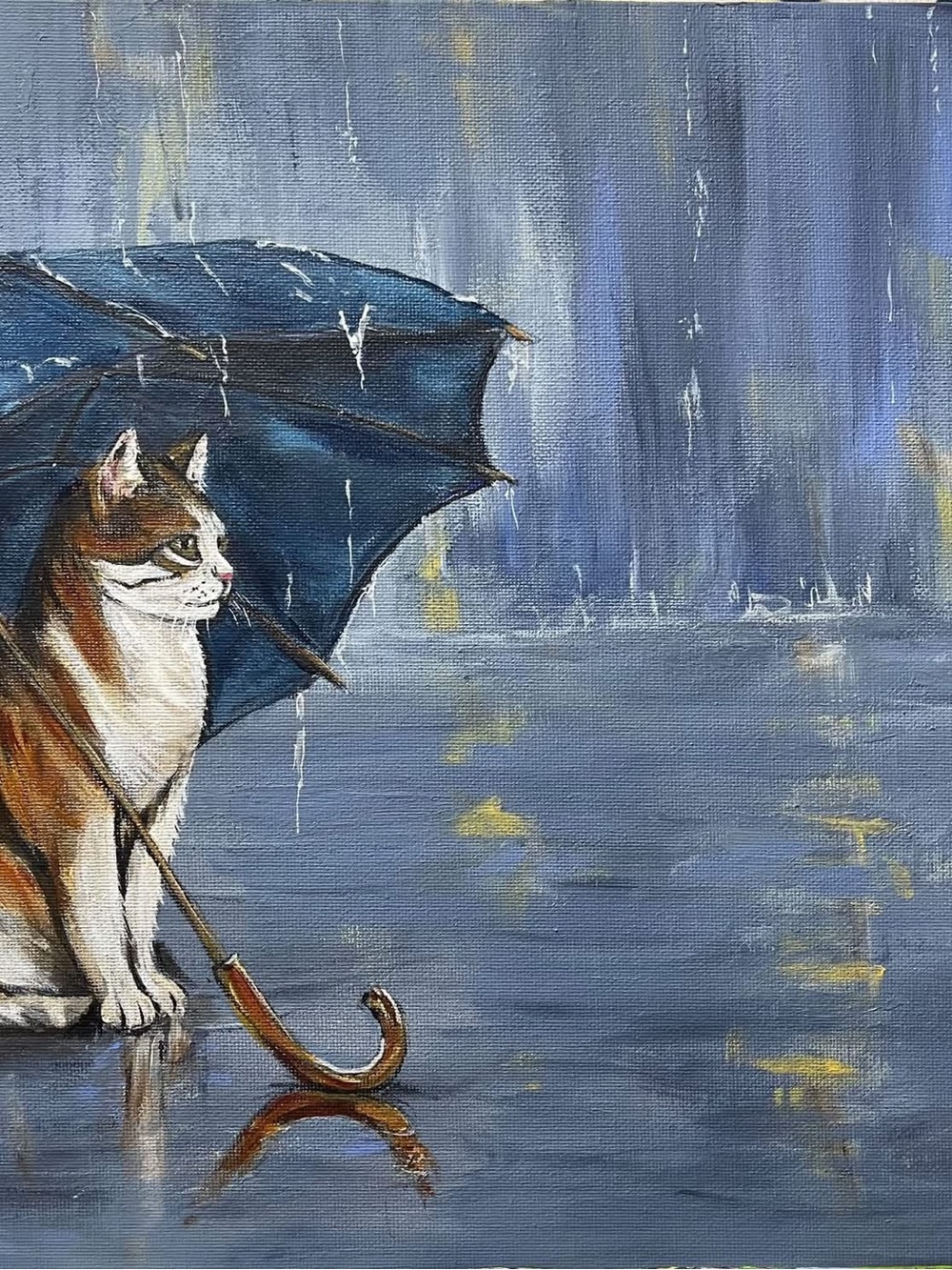 Blue Umbrella Cat Canvas Hand acrylic painting.